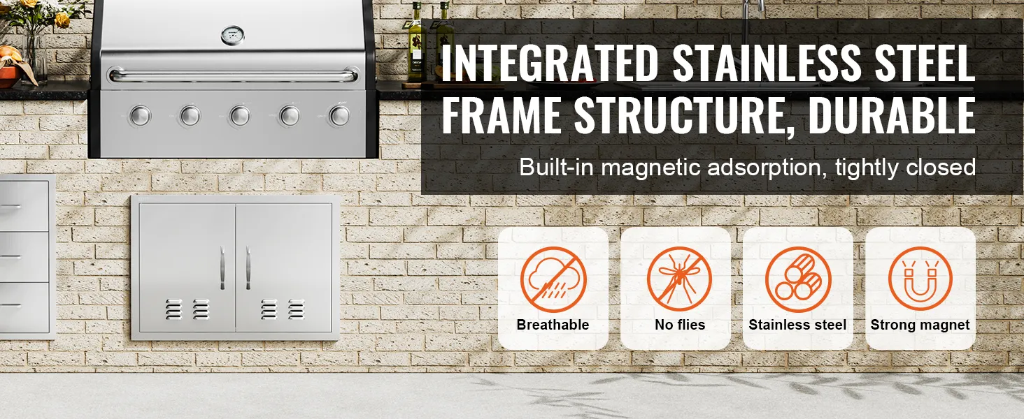 VEVOR-Grill-Zugangstür mit Edelstahlrahmen und integrierter magnetischer Adsorption an Ziegelwand.