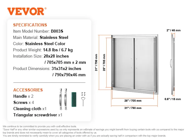 specifiche e dimensioni dello sportello di accesso al barbecue VEVOR b003s, in acciaio inox, con accessori.