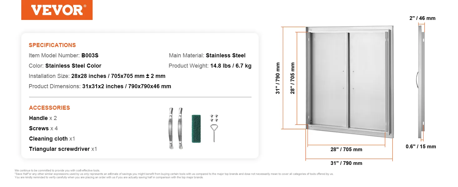 specifiche e dimensioni dello sportello di accesso al barbecue VEVOR b003s, in acciaio inox, con accessori.