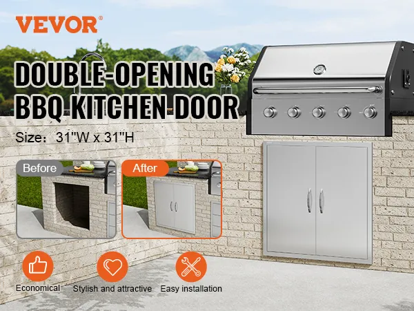 Porta per barbecue da cucina a doppia apertura VEVOR, 31" di larghezza x 31" di altezza, installata nella postazione per grigliate in mattoni all'aperto.