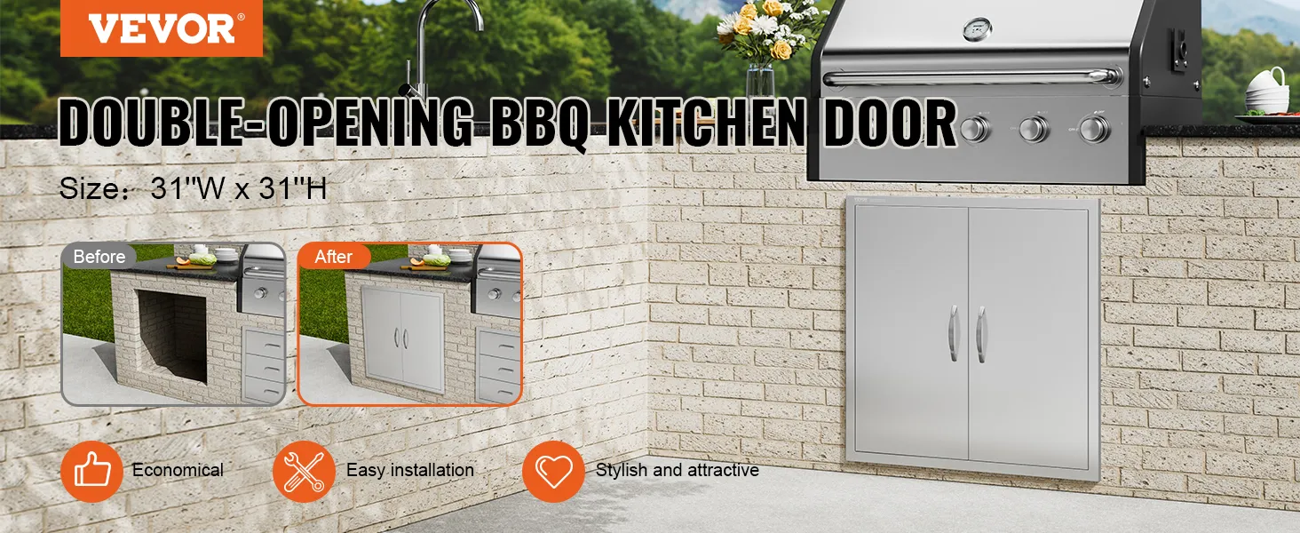 Porta per barbecue da cucina a doppia apertura VEVOR, 31" di larghezza x 31" di altezza, installata nella postazione per grigliate in mattoni all'aperto.