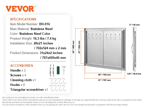 Dimensioni e accessori in acciaio inox per porta di accesso al barbecue VEVOR, tra cui maniglie, ganci e viti.