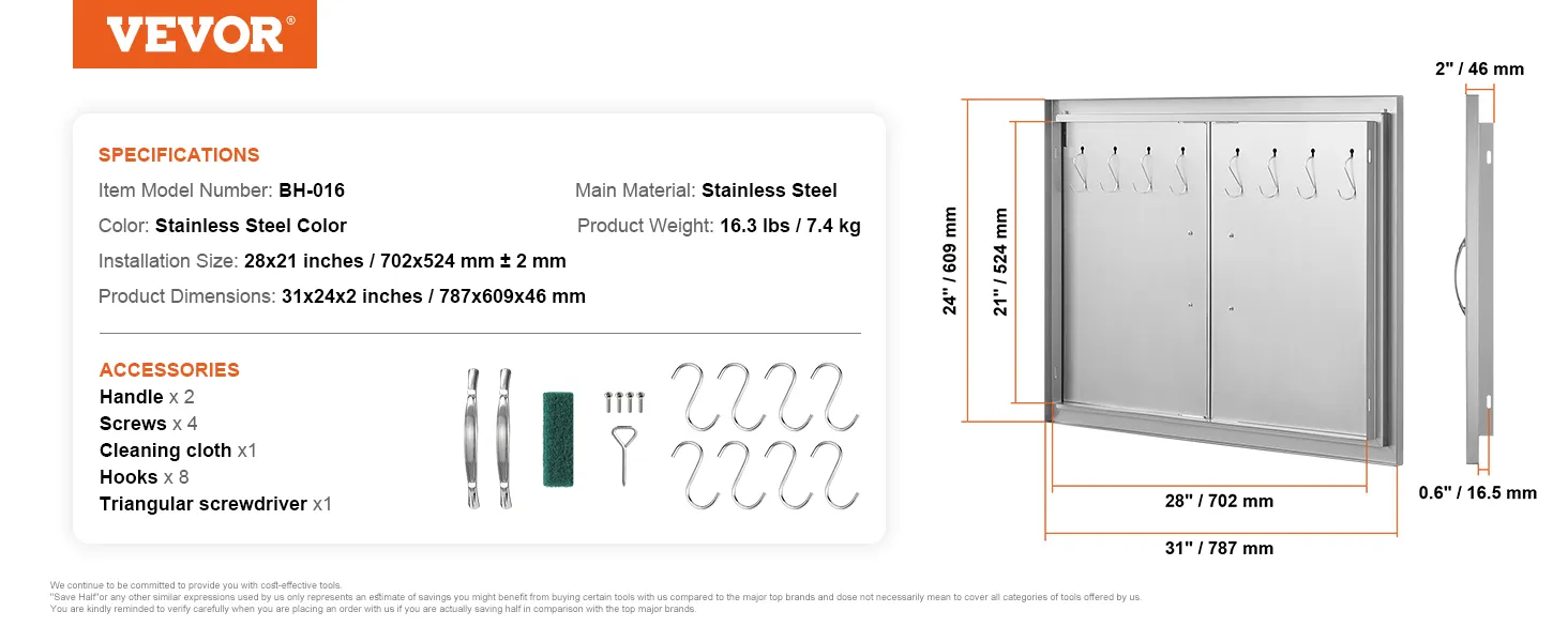 Dimensioni e accessori in acciaio inox per porta di accesso al barbecue VEVOR, tra cui maniglie, ganci e viti.