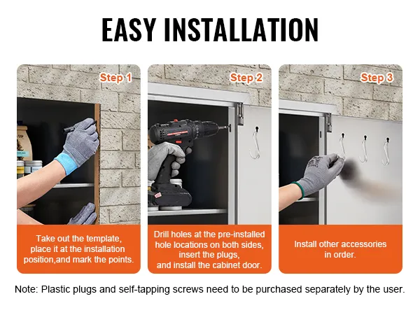 semplice processo di installazione per la porta di accesso al barbecue VEVOR in tre passaggi, tra cui marcatura del modello, foratura e installazione degli accessori.