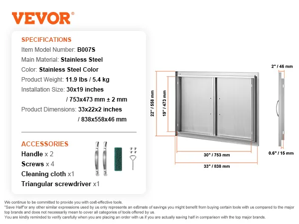 VEVOR bbq access door, stainless steel, dimensions 33x22x2 inches, includes handles and screws.