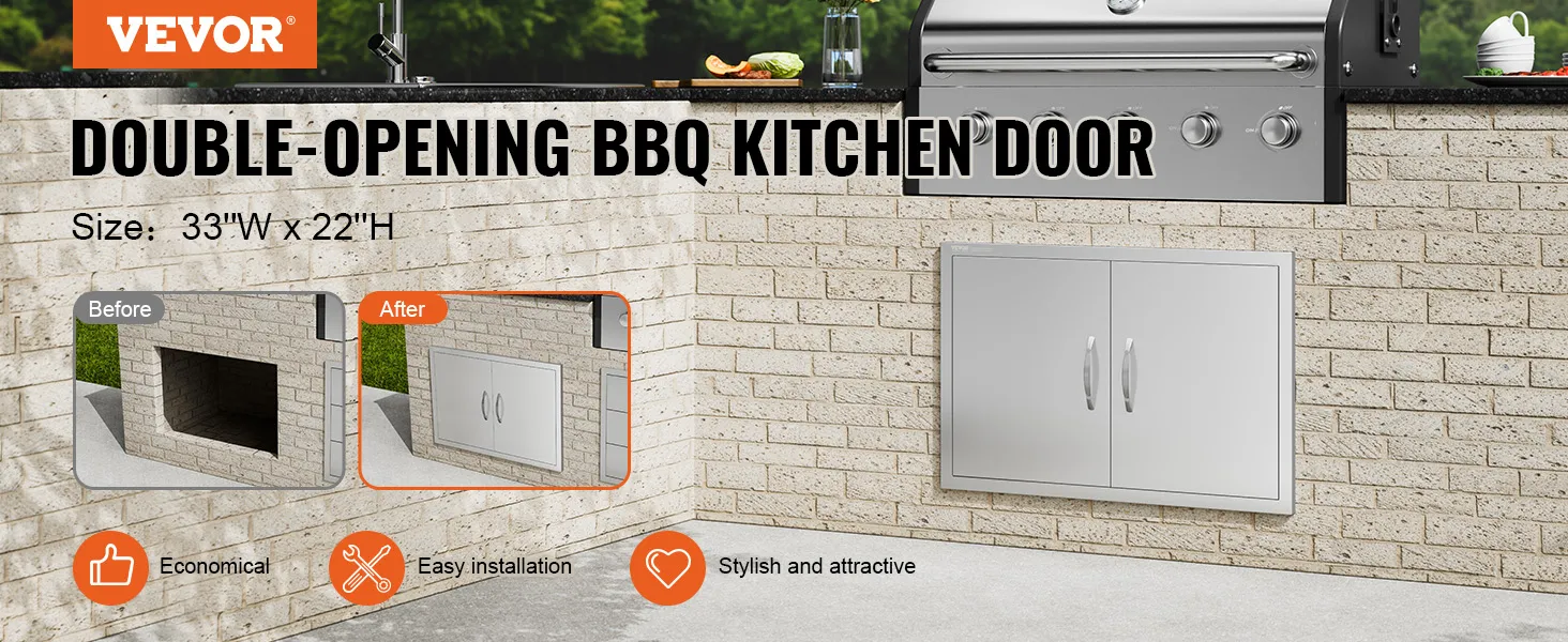 VEVOR bbq access door: double-opening bbq kitchen door, 33"w x 22"h, with before and after images.