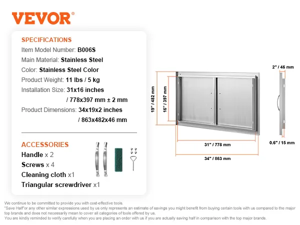 Drzwiczki dostępowe do grilla VEVOR, stal nierdzewna, model b006s, wymiary 34x19x2 cale, w zestawie uchwyty i śruby.