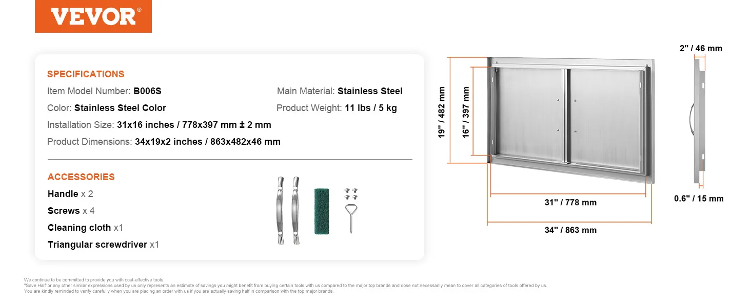 Drzwiczki dostępowe do grilla VEVOR, stal nierdzewna, model b006s, wymiary 34x19x2 cale, w zestawie uchwyty i śruby.