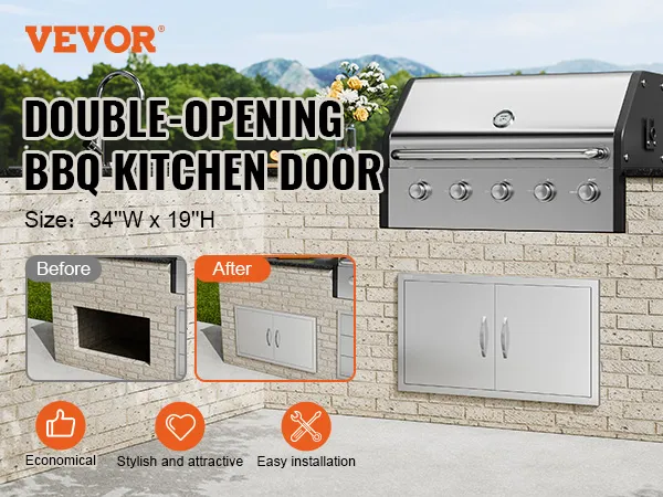 Drzwiczki dostępowe do grilla VEVOR - dwustronne, ze stali nierdzewnej, pasują do 34" szer. x 19" wys., łatwe w montażu, stylowe ulepszenie.