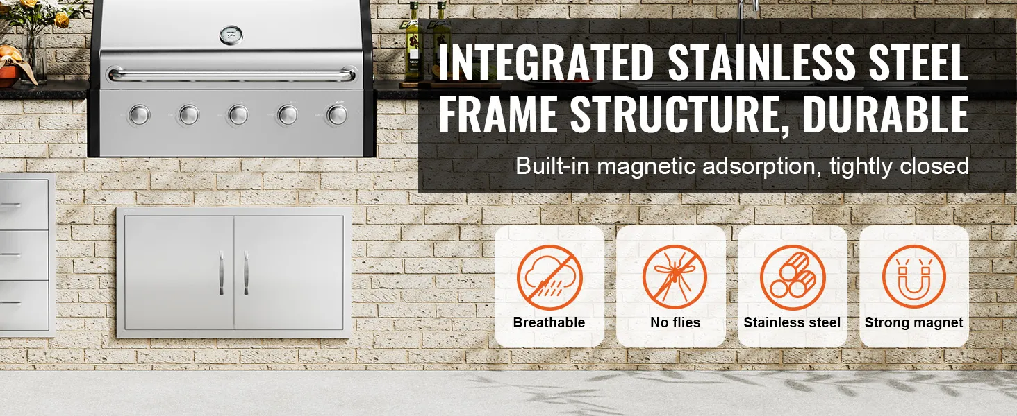 Drzwiczki dostępowe do grilla VEVOR z ramą ze stali nierdzewnej, adsorpcją magnetyczną i oddychającą konstrukcją.