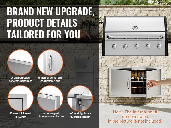 Drzwiczki do grilla VEVOR z krawędzią w kształcie litery U, dużym uchwytem, zamknięciem magnetycznym, odwracalną konstrukcją, pogrubioną ramą.