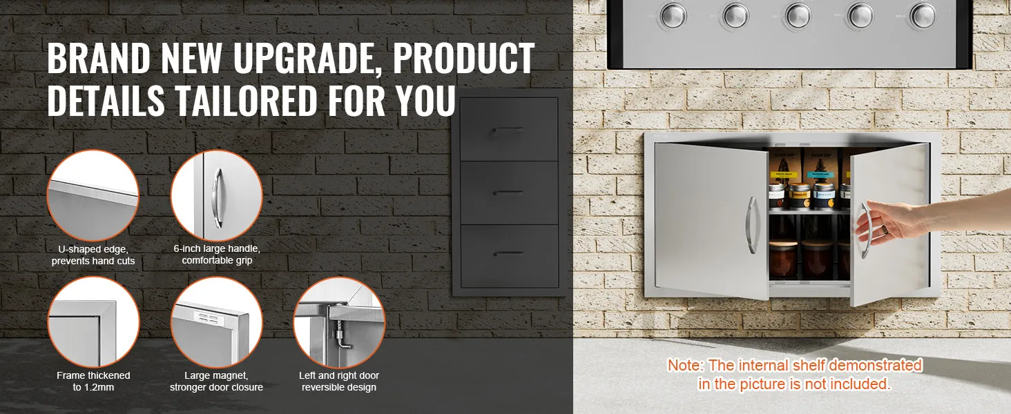 Drzwiczki do grilla VEVOR z krawędzią w kształcie litery U, dużym uchwytem, zamknięciem magnetycznym, odwracalną konstrukcją, pogrubioną ramą.