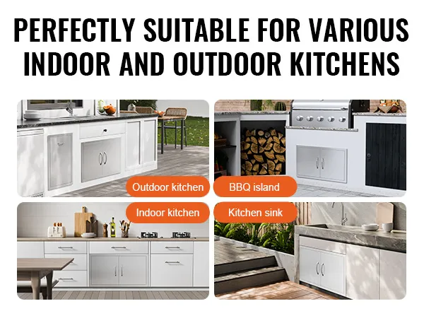 Drzwiczki dostępowe do grilla VEVOR zaprezentowane w różnych aranżacjach kuchni wewnętrznych i zewnętrznych, w tym w wyspach grillowych.