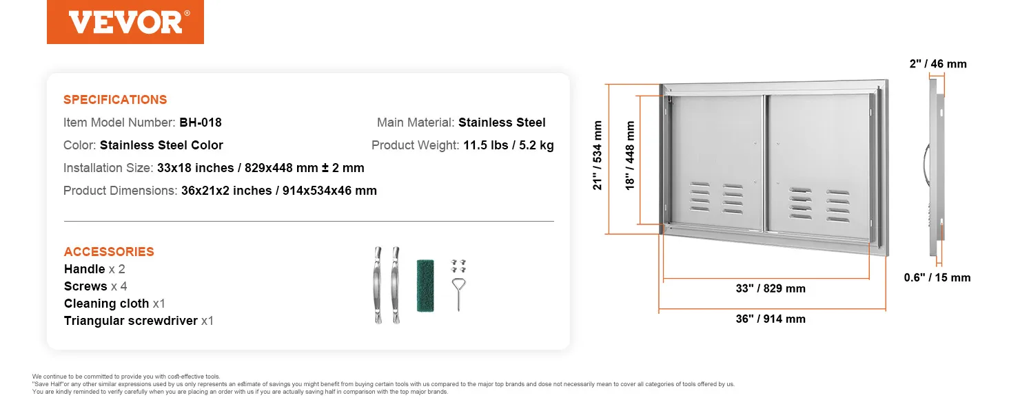 Sportello di accesso per barbecue VEVOR, in acciaio inox, dimensioni 36x21 pollici, include maniglia, viti e panno per la pulizia.