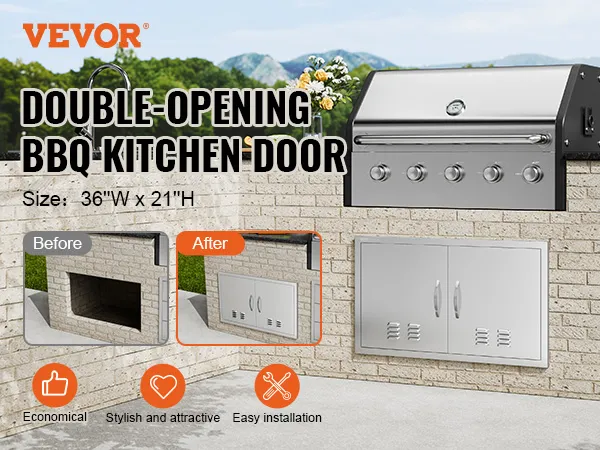 Sportello di accesso per barbecue VEVOR in una cucina esterna in mattoni, dimensioni 36" di larghezza x 21" di altezza, con installazione prima e dopo.