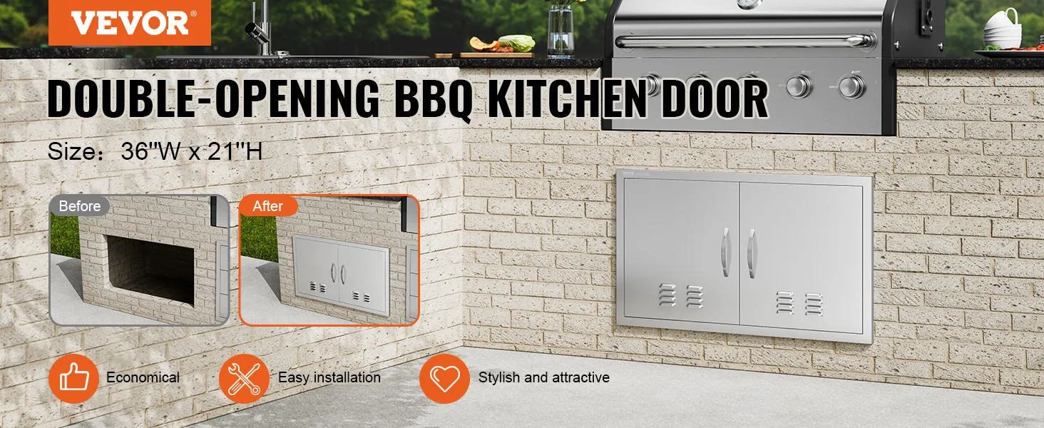 Sportello di accesso per barbecue VEVOR in una cucina esterna in mattoni, dimensioni 36" di larghezza x 21" di altezza, con installazione prima e dopo.