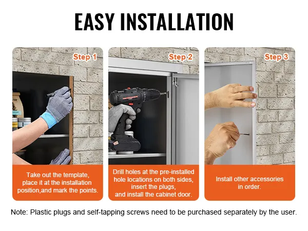 semplici passaggi di installazione per la porta di accesso al barbecue VEVOR: impostazione del modello, foratura e installazione degli accessori.