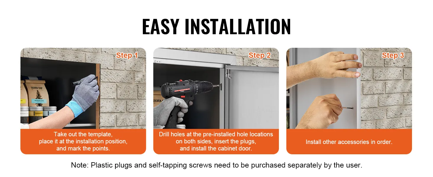 semplici passaggi di installazione per la porta di accesso al barbecue VEVOR: impostazione del modello, foratura e installazione degli accessori.