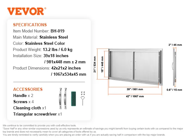 Drzwiczki do grilla VEVOR ze stali nierdzewnej, 42x21x2 cale, w zestawie uchwyty, śruby, ściereczka do czyszczenia i śrubokręt.