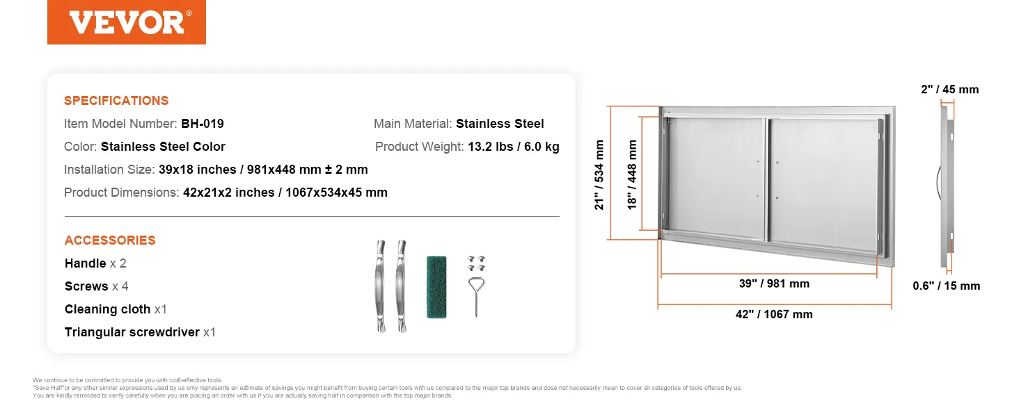Drzwiczki do grilla VEVOR ze stali nierdzewnej, 42x21x2 cale, w zestawie uchwyty, śruby, ściereczka do czyszczenia i śrubokręt.
