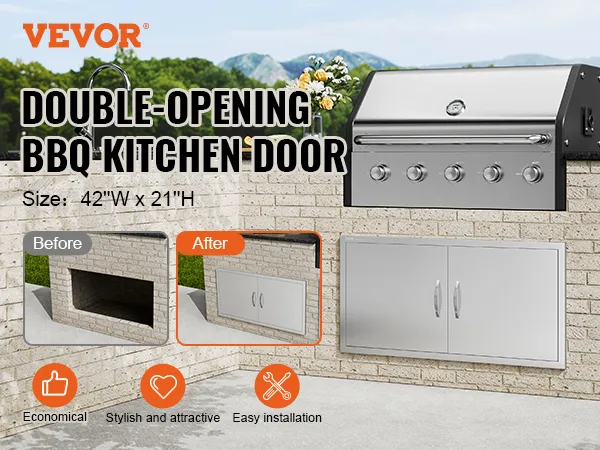 Drzwiczki dostępowe do grilla VEVOR, dwustronne, szer. 42" x wys. 21", stal nierdzewna, łatwy montaż, stylowe.