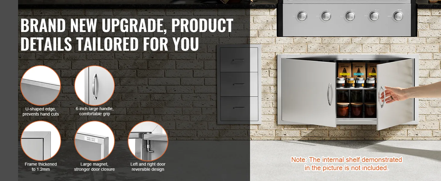 Drzwiczki dostępowe do grilla VEVOR z ergonomicznymi uchwytami i trwałą konstrukcją, pokazane na przykładzie eleganckiej kuchni na świeżym powietrzu.