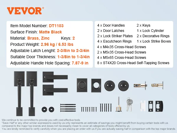VEVOR dubbele deurkrukset met matzwarte afwerking, messing en zink, inclusief sleutels, schroeven en grendels.