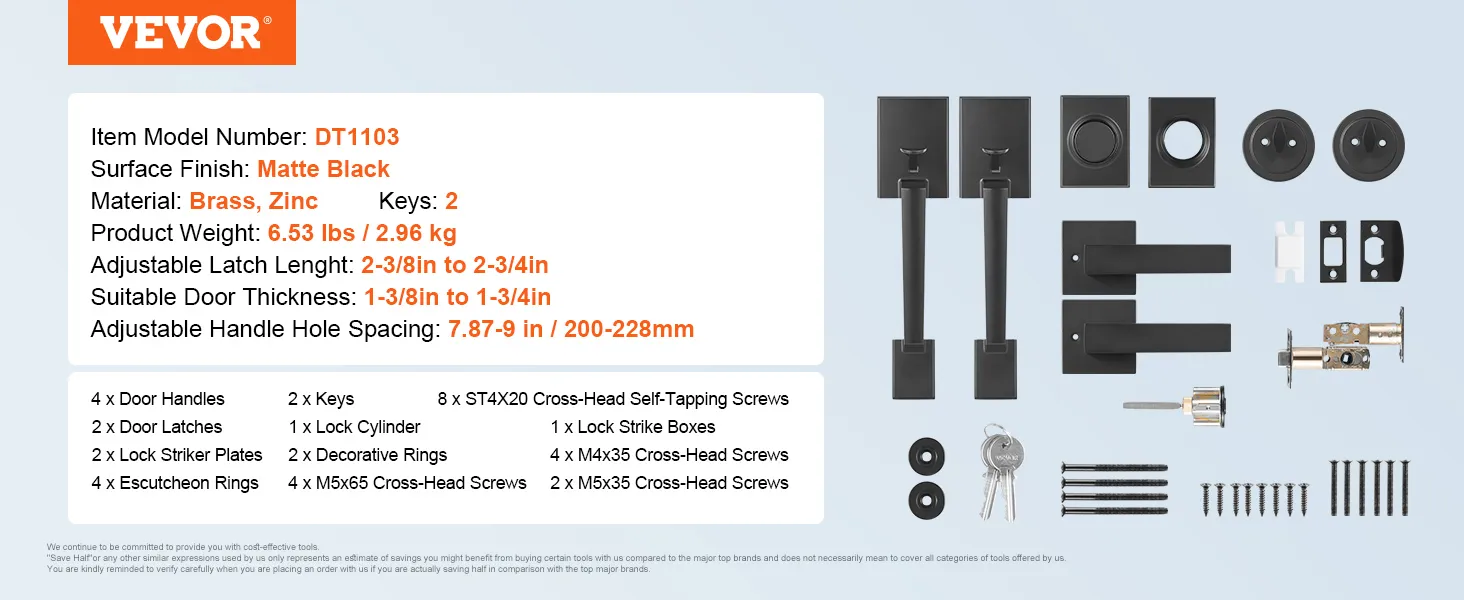VEVOR dubbele deurkrukset met matzwarte afwerking, messing en zink, inclusief sleutels, schroeven en grendels.