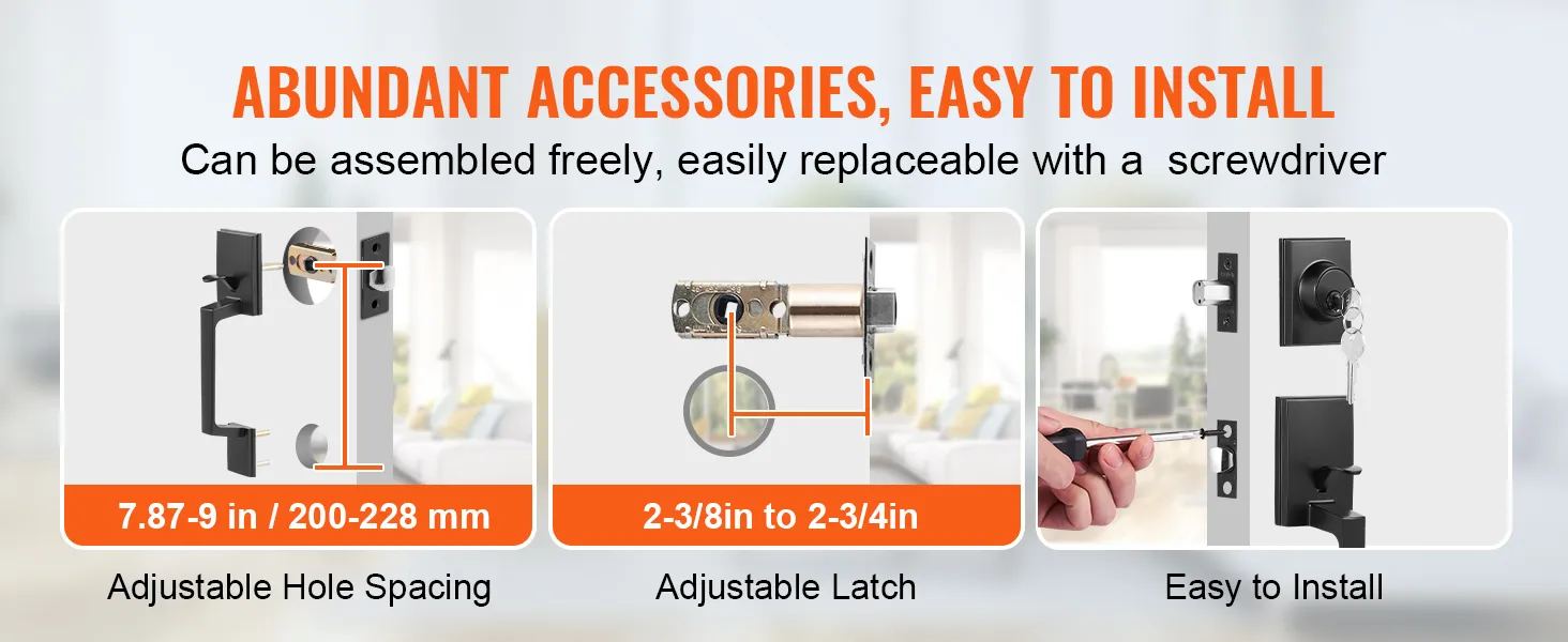Uitgebreide accessoires, eenvoudige installatiestappen van de VEVOR dubbele deurkrukset afgebeeld met verstelbare gatafstand en grendel.