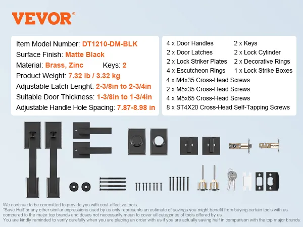 VEVOR double door handle set includes black handles, latches, keys, instructions, and mounting hardware.