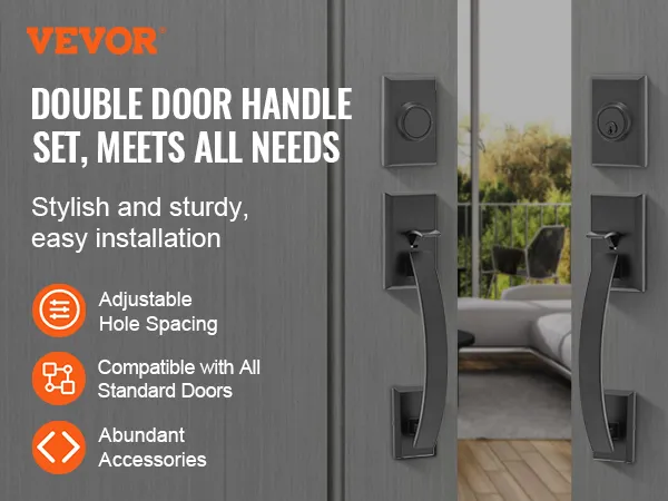VEVOR double door handle set, adjustable hole spacing, compatible with standard doors, stylish and sturdy.