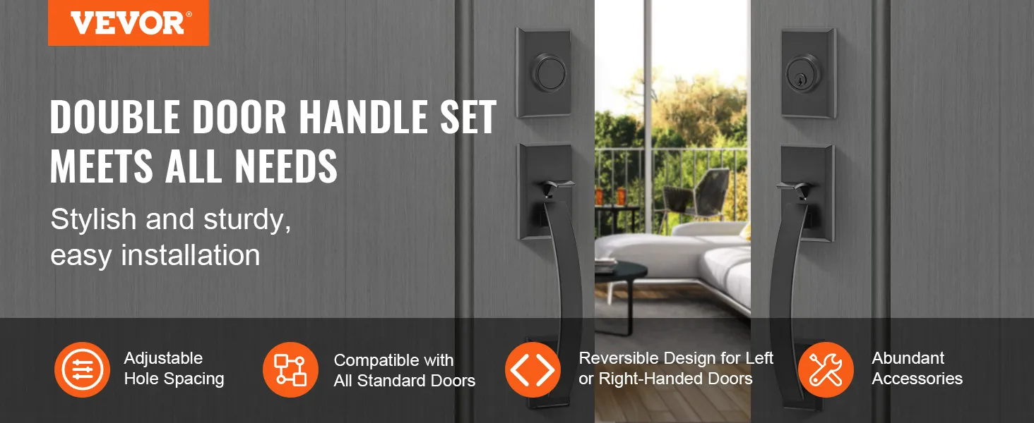 VEVOR double door handle set, adjustable hole spacing, compatible with standard doors, stylish and sturdy.