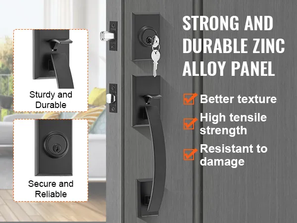 VEVOR double door handle set with strong zinc alloy panel, durable, secure, and resistant to damage.