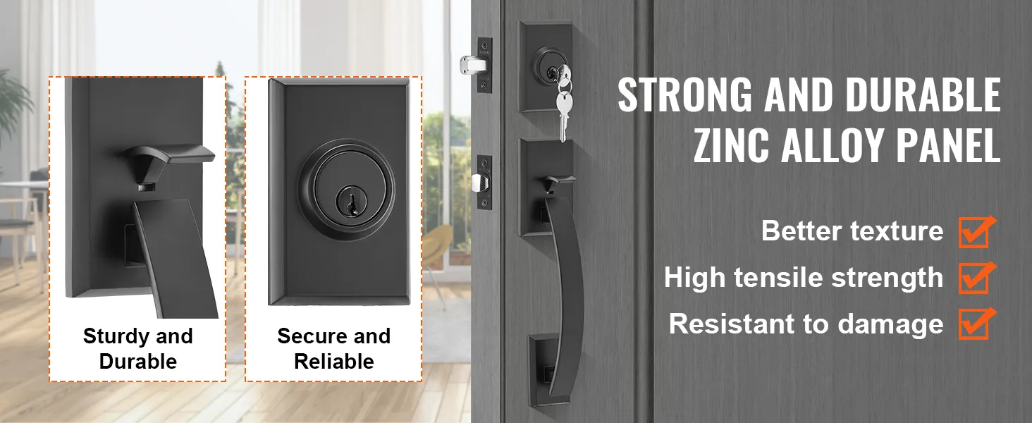 VEVOR double door handle set with strong zinc alloy panel, durable, secure, and resistant to damage.