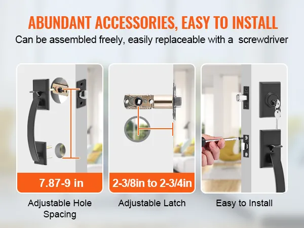 abundant accessories for easy installation of VEVOR double door handle set with adjustable hole spacing and latch.