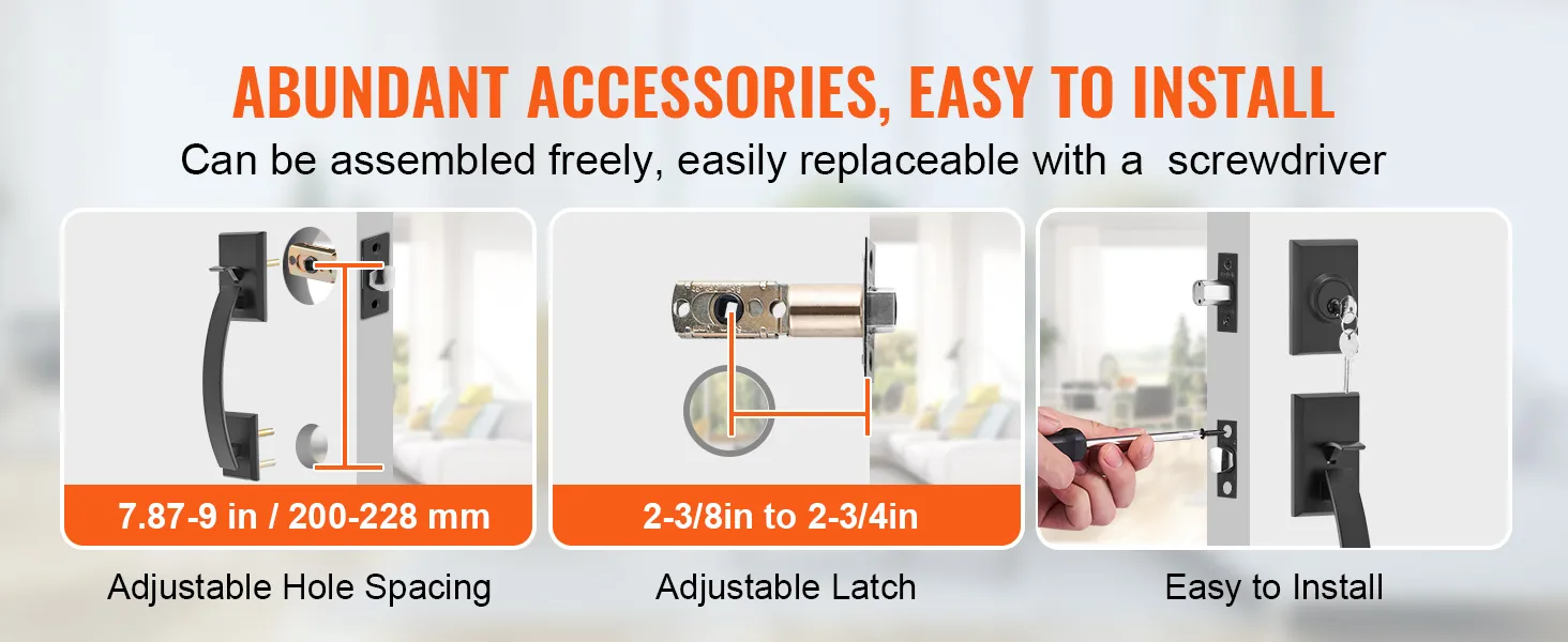 abundant accessories for easy installation of VEVOR double door handle set with adjustable hole spacing and latch.
