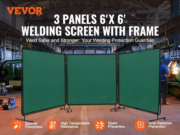 VEVOR welding screen in a factory with three green panels and a welder in the background.
