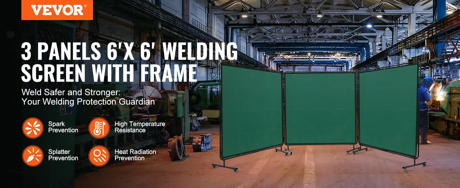 VEVOR welding screen in a factory with three green panels and a welder in the background.