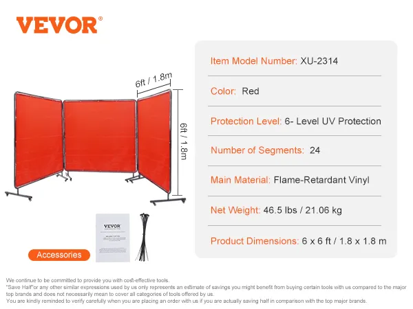 VEVOR welding screen, red, 6x6 ft, flame-retardant vinyl, 24 segments, uv protection, includes manual.