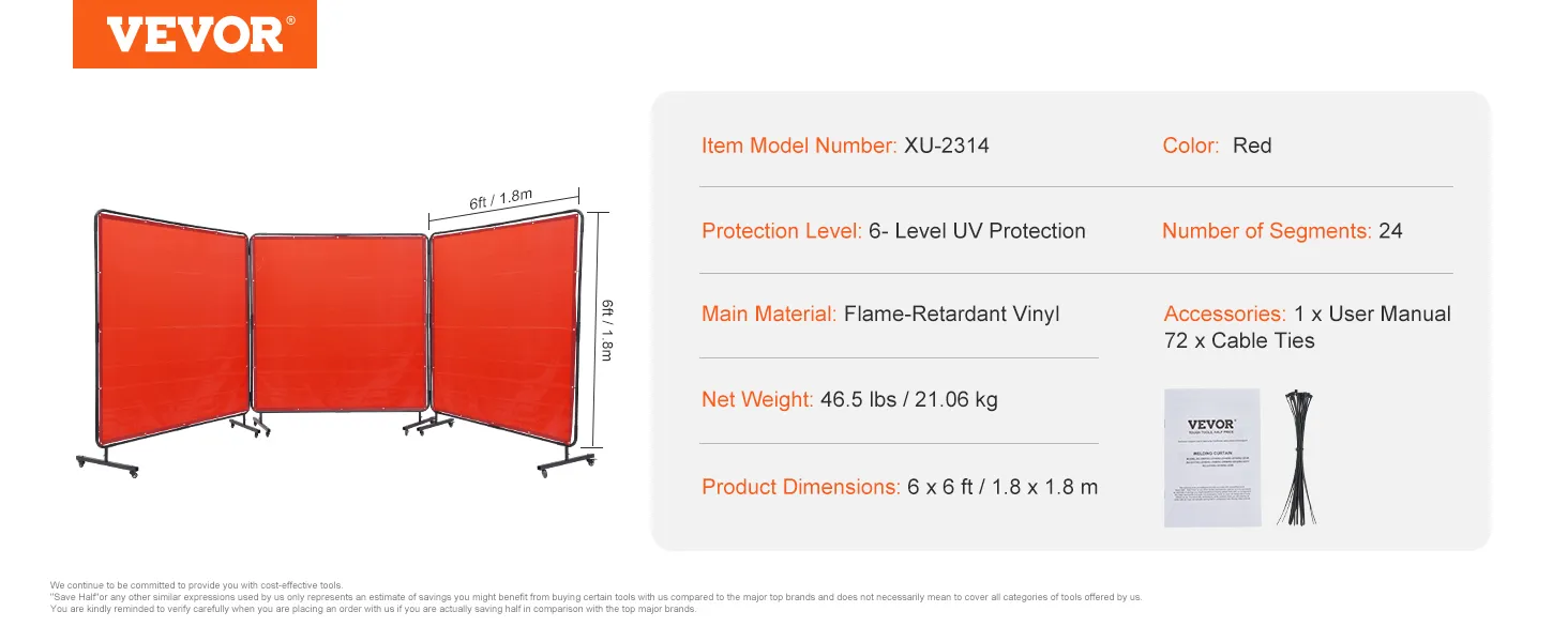 VEVOR welding screen, red, 6x6 ft, flame-retardant vinyl, 24 segments, uv protection, includes manual.