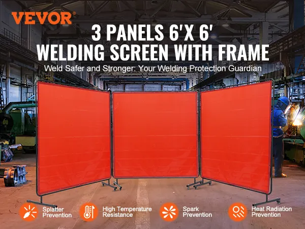 VEVOR welding screen in industrial setting providing spark, splatter, and heat radiation prevention.