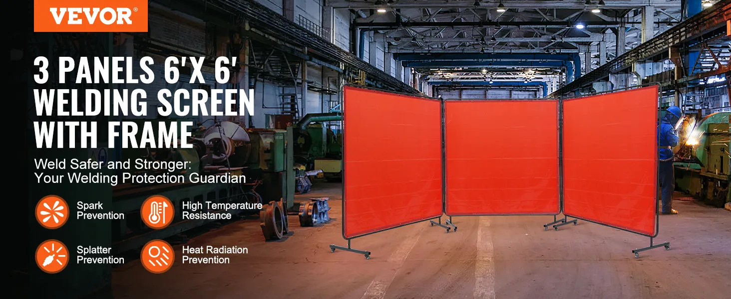 VEVOR welding screen in industrial setting providing spark, splatter, and heat radiation prevention.
