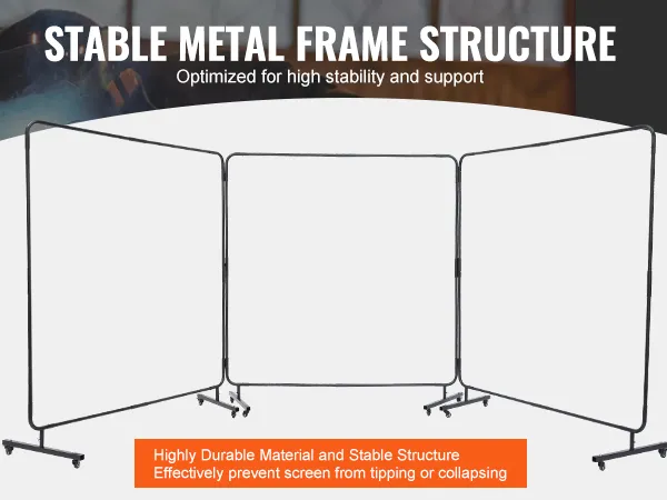 VEVOR welding screen with stable metal frame structure for high stability and support, prevents tipping.