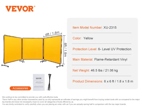 VEVOR welding screen, 6ft, yellow, flame-retardant vinyl, 6-level uv protection, 24 segments.
