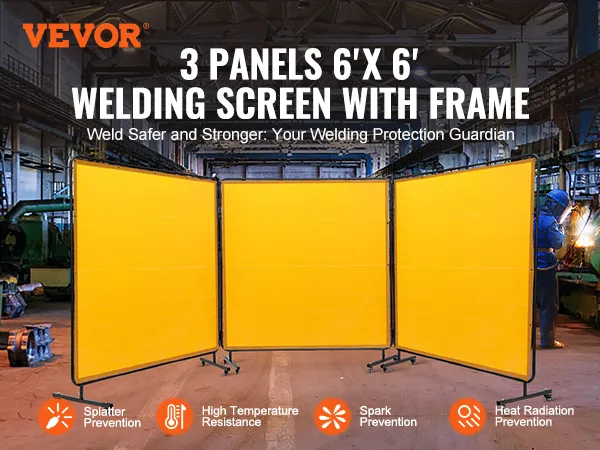 VEVOR welding screen: 3 yellow panels, 6'x6' with frame, spark and splatter prevention in industrial setting.