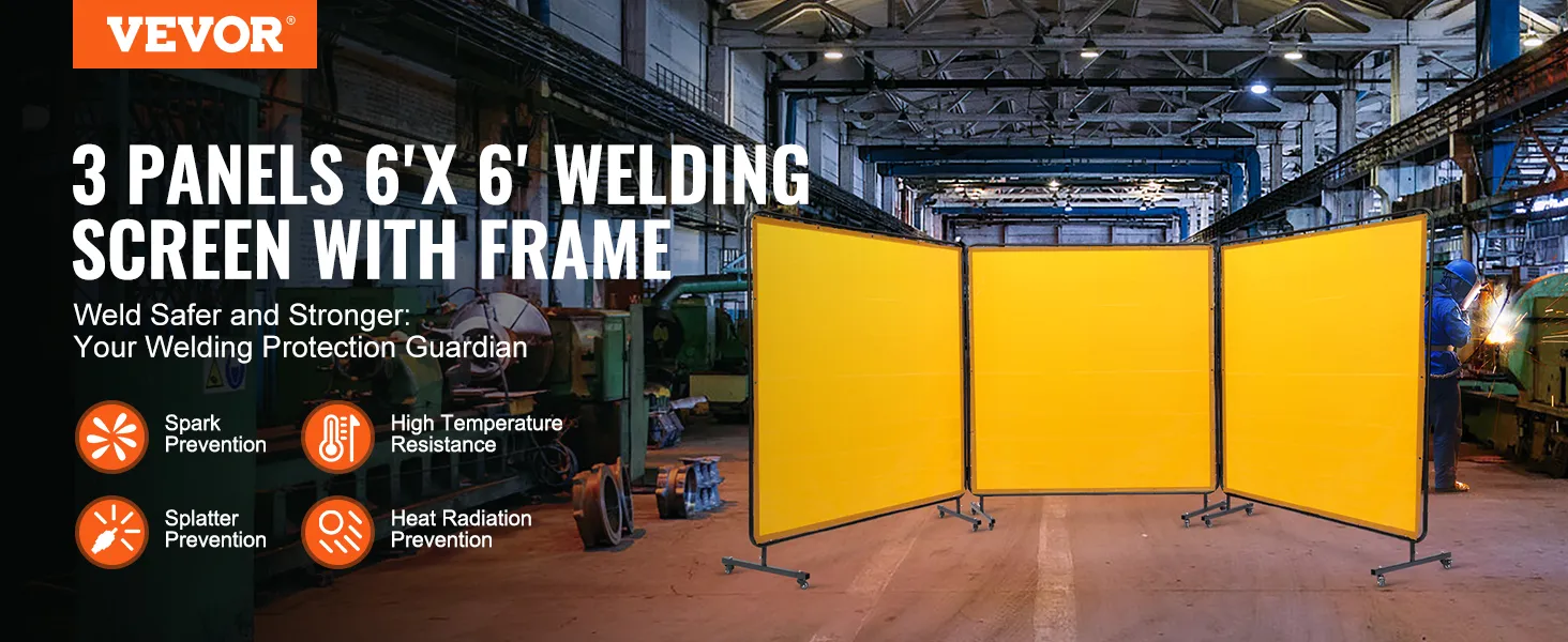 VEVOR welding screen: 3 yellow panels, 6'x6' with frame, spark and splatter prevention in industrial setting.
