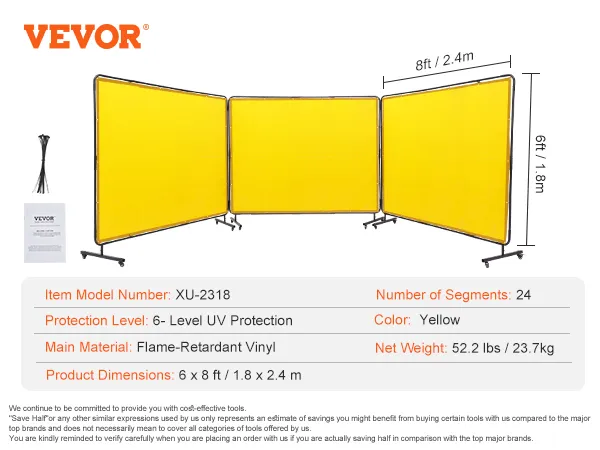 VEVOR lasscherm, geel, vlamvertragend vinyl, 6x8 ft, met uv-bescherming, 24 segmenten, 52,2 lbs.