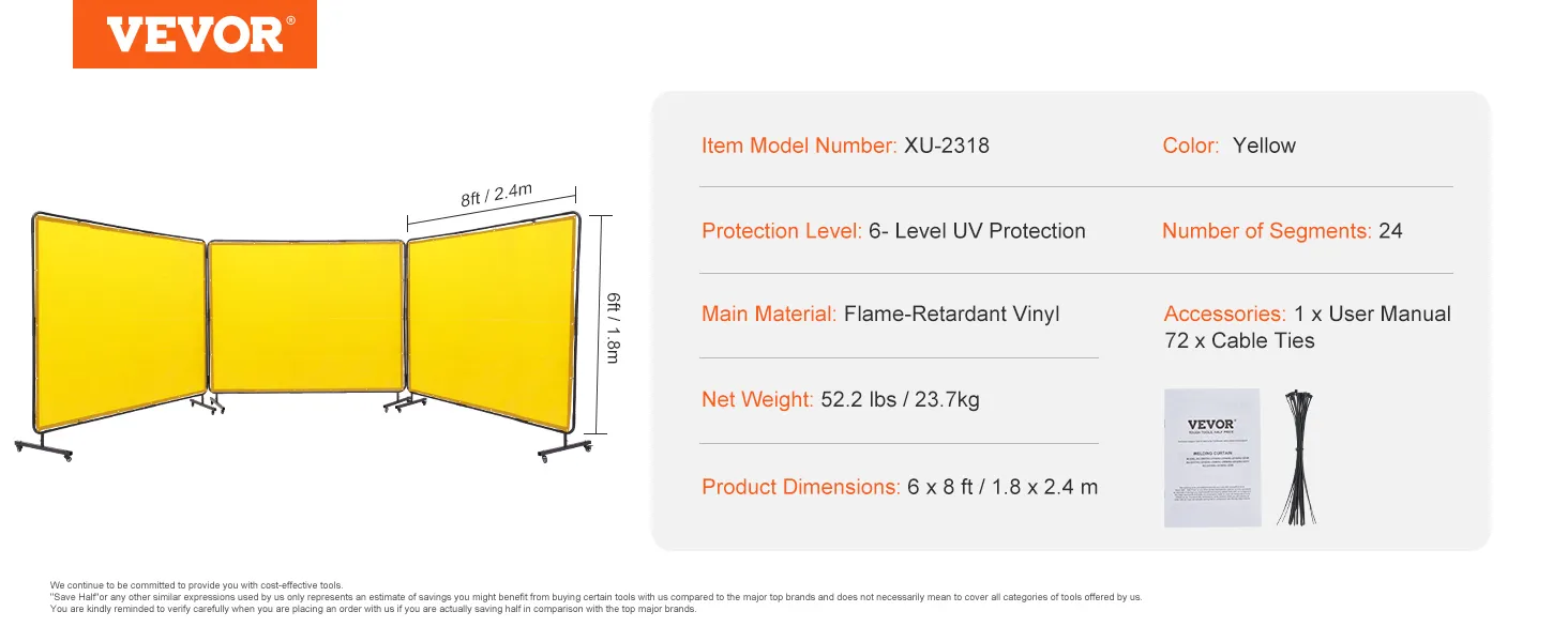 VEVOR lasscherm, geel, vlamvertragend vinyl, 6x8 ft, met uv-bescherming, 24 segmenten, 52,2 lbs.