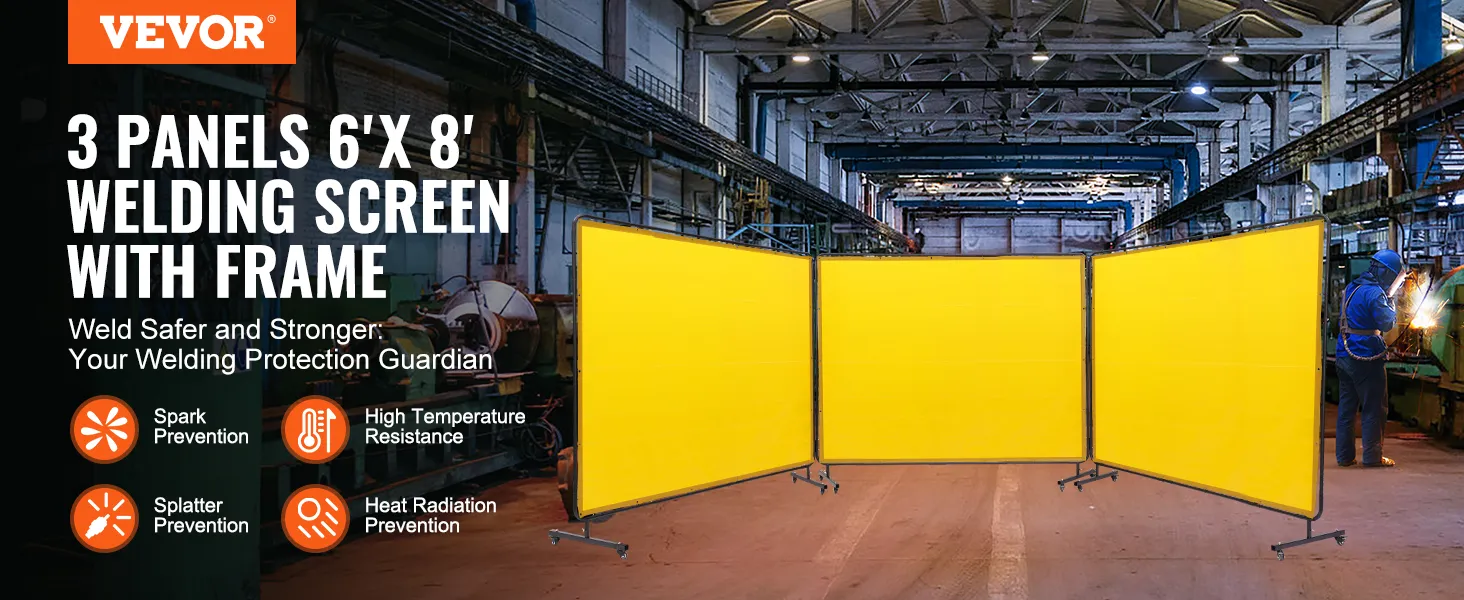 VEVOR lasscherm met frame in de fabriek, met opvallende beschermingsfuncties en gele panelen.