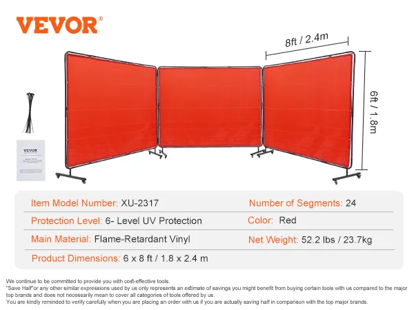 VEVOR welding screen, model xu-2317, red, flame-retardant vinyl, 6 x 8 ft, uv protection level 6.
